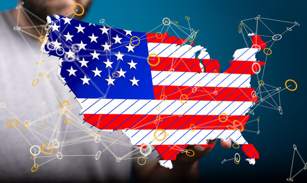 Modern digital network map of the USA.  Illustrates connectivity and technology across the country.