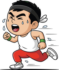 Cartoon runner, intense workout, sweating character, fitness illustration, running pose, vector art, exercise effort, red pants, white shirt, headband style