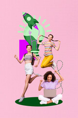 3d pop vertical art photo collage of happy businesswoman businessman stand light bulb idea finding rocket launch project startup