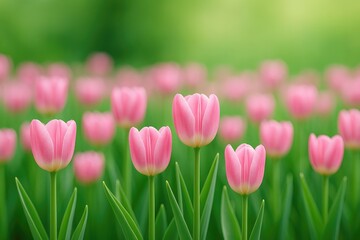 Colorful blossoms featuring tulip pink flowers amidst verdant foliage against a soft white and green gradient backdrop