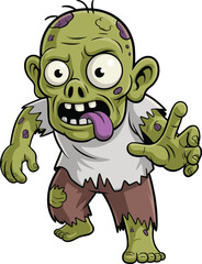 Cartoon zombie character reaching forward, greenish-blue undead, funny monster artwork, Halloween illustration, creepy expression, torn clothes, digital drawing, spooky design