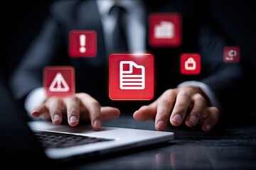 Businessperson working on laptop with red error/warning icons overlaying