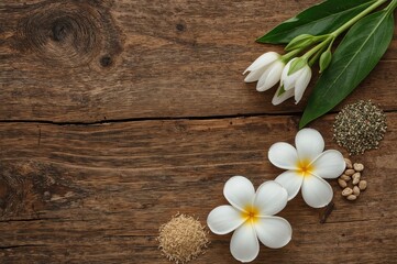 Naklejka premium Seasoned Tsibula displayed on a wooden surface, overhead shot with space for text.