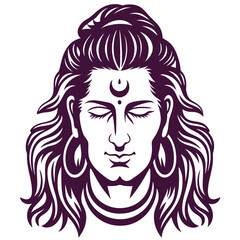 Lord Shiva Meditative Portrait with Crescent Moon Divine Calm and Serene Expression Hindu God Spiritual Icon Illustration