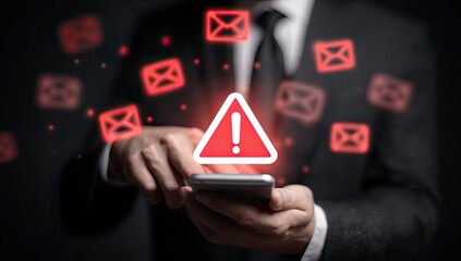 Businessman interacting with a smartphone displaying a red alert symbol and email icons