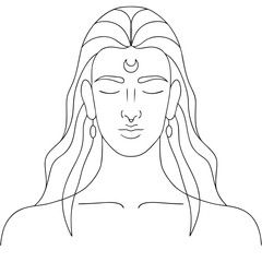 Minimalist Line Art Depiction of a Serene Woman with a Crescent Moon, Exuding Tranquility and Spiritual Connection