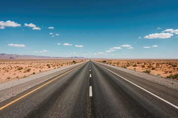 Naklejka premium Empty highway through a barren desert landscape