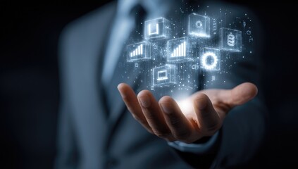 Businessman's hand hovers over digital graphic icons