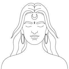 Elegant Portrait of a Serene Woman with Long Flowing Hair and Crescent Adornment a Symbol of Feminine Mystique