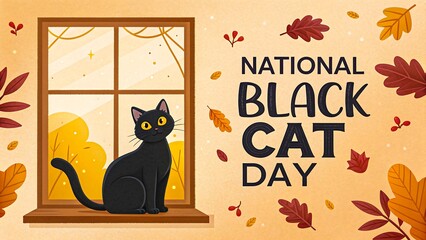 National Black Cat Day Poster with Cute Cat Sitting by Window Autumn Leaves Background
