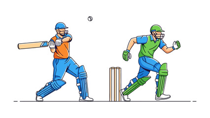 Obraz premium Cricket Match in Progress: A dynamic illustration of a cricket match unfolds, capturing the energy of a batsman preparing to strike a ball and a fielder poised to respond.