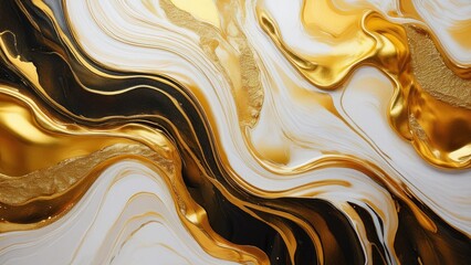 Abstract Fluid Marble Texture with Gold and White Metallic Swirls