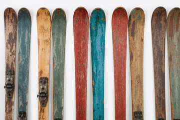 Line of old worn multicolored skis set against a plain white backdrop