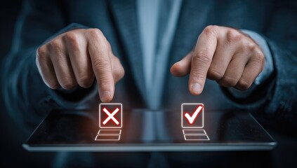 Business person choosing between options on a digital tablet.  Hands hovering over checkboxes