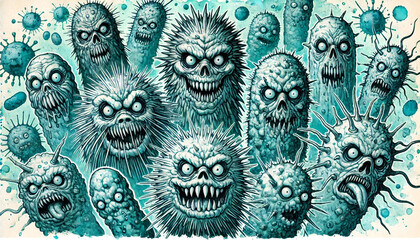 Frightening caricature microbes, generative ai illustration