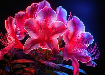 Glowing Pink Azalea Flowers with Neon Light on Dark Background