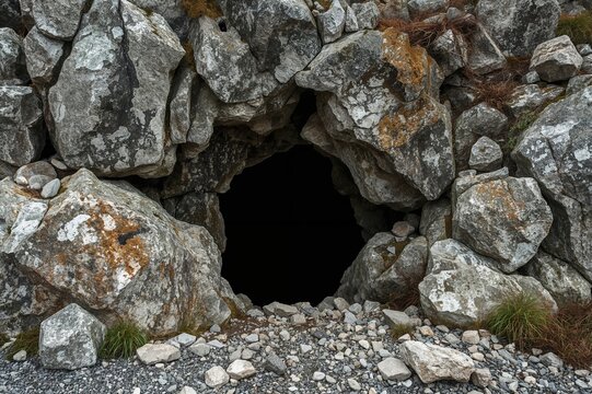 Stone cliff featuring a shadowy opening, gateway to an ancient mineral mine on a peninsula