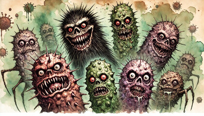 Frightening caricature microbes, generative ai illustration