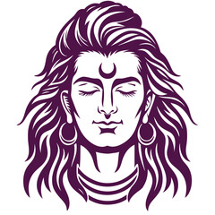 Detailed Line Art Depiction of Lord Shiva with Crescent Moon Adornment, Flowing Locks, and Serene Expression, Evoking Divinity and Spiritualism