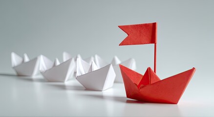 Naklejka premium Red paper boat leading a line of white paper boats