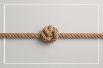 Natural rope tied in a circular knot on a pale gray surface, isolated with frame and text elements