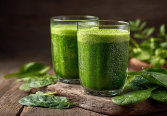 Two glasses of vibrant green smoothie, garnished with spinach leaves, sit on a rustic wooden surface