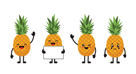 Naklejka premium Cute kawaii style pineapple characters showing different emotions and poses together