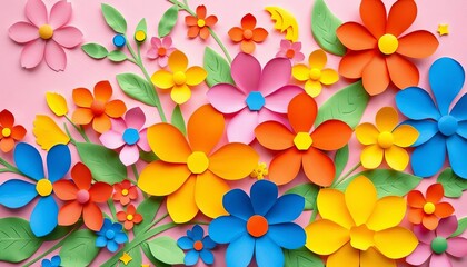 Vibrant paper cut spring flowers & leaves in pink, orange, blue, yellow, green Cheerful, bright, springtime floral arrangement,  spring flowers,  blossom