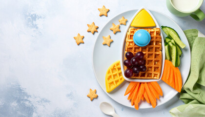Rocket-shaped plate with healthy snacks like waffles, grapes, cucumbers, and carrots. Kids nutrition concept.