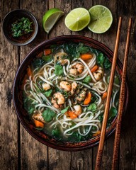 Overhead shot of shrimp noodle soup with lime and chopsticks on rustic wood table for food blog or restaurant menu