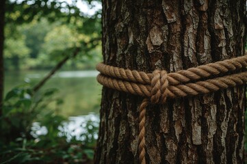 Securing a knot around a tree using rope at a campsite