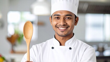 Portrait of a confident young Asian chef in a professional uniform, smiling warmly while holding a wooden spoon in a bright kitchen setting