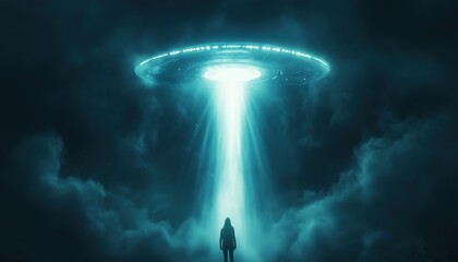 Unidentified Flying Object Abducts Human: Space Ship Ufo Emits Ray Of Light In The Night Sky. Chilling Encounter Unfolds.