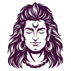Lord Shiva Meditative Portrait Depicting Tranquility Spirituality and Serenity Featuring Flowing Hair Crescent Moon and Ornamental Jewelry in Dark Purple