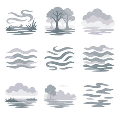 Swamp over mist icon vector horizon outlines drifting marsh icons vapor fog