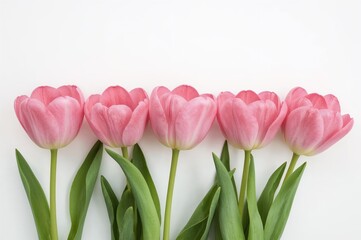 Fototapeta premium Line of pink tulips against a white backdrop