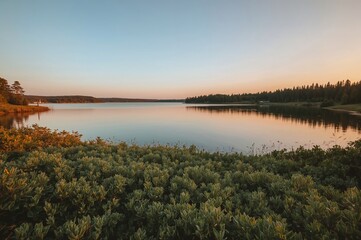 Obraz premium Sunset over a tranquil lake with lush vegetation in the foreground, captured in a scenic landscape photo.
