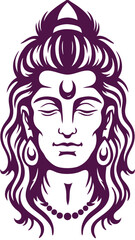 Lord Shiva Meditative Face with Crescent Moon Ornamental Hair and Necklace Illustration of Hindu God Spiritual Religious Iconography Divine Representation