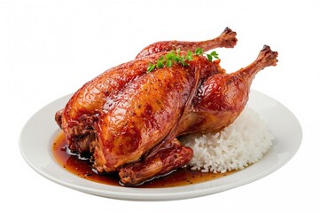 Cooked duck served on a plain white backdrop, featuring meat with crispy skin and rice