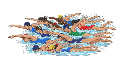 Swimming Race: A vibrant illustration depicts a group of swimmers in a competition, showcasing the power and precision of the freestyle stroke.