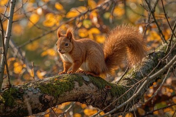 Autumn park scene featuring a Tamiasciurus species perched on a tree limb