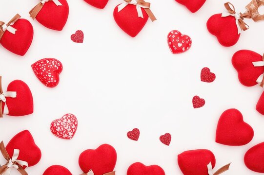 Crimson hearts decorated with beige and ivory ribbons on a pale background - embodying the spirit of love day. - Powered by Adobe