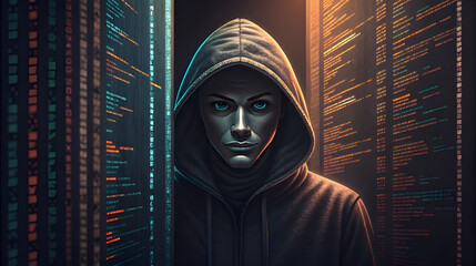 Mysterious hacker in hooded sweatshirt surrounded by glowing digital server racks