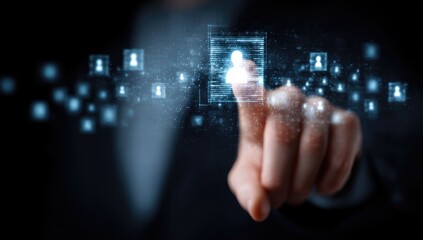 Person's finger touches a glowing profile icon, surrounded by other icons