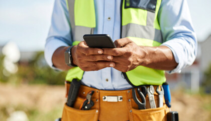 Close-up of an unrecognizable construction worker looking at his cell phone, the worker is wearing a tool belt.
