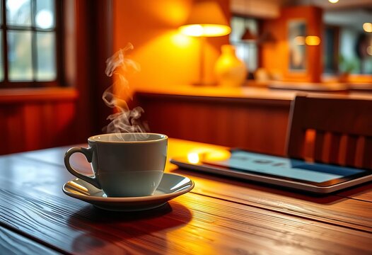 Warm lighting illuminates a wooden table; a steaming coffee cup rests beside a tablet,  afternoon,  ambiance