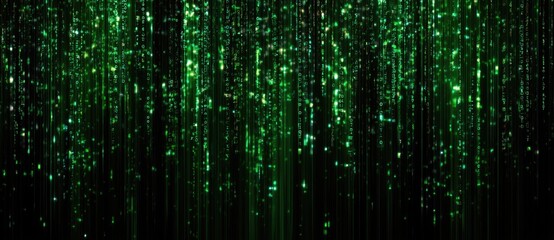 Green digital rain cascading in a dark background