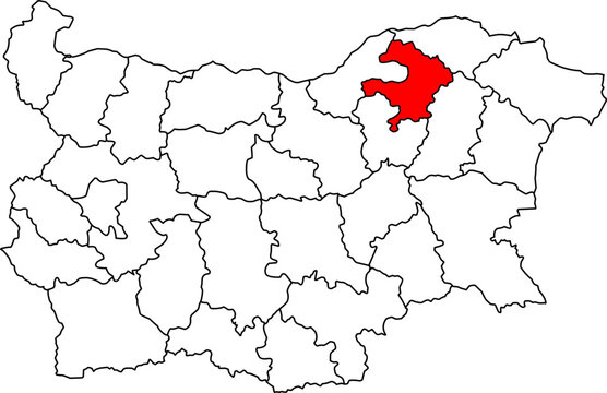 A detailed map of Bulgaria highlighting the Razgrad Province. Ideal for regional studies, business analysis, or travel-related content.


