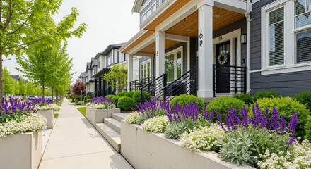 Modern residential townhomes, vibrant flowers, sunny street