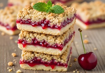 Delicious cherry crumble bars stacked high with fresh mint garnish